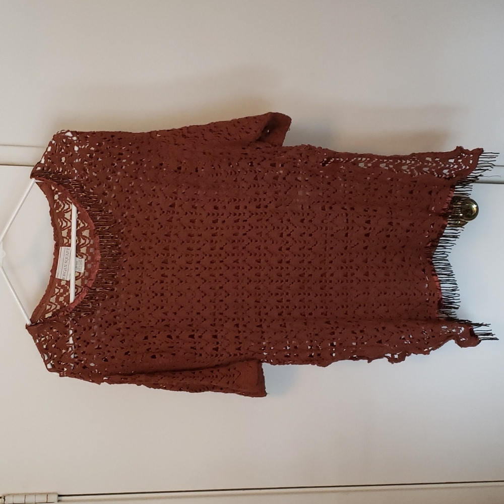Brown crochet look swimsuit cover up with side slits.Bin#5